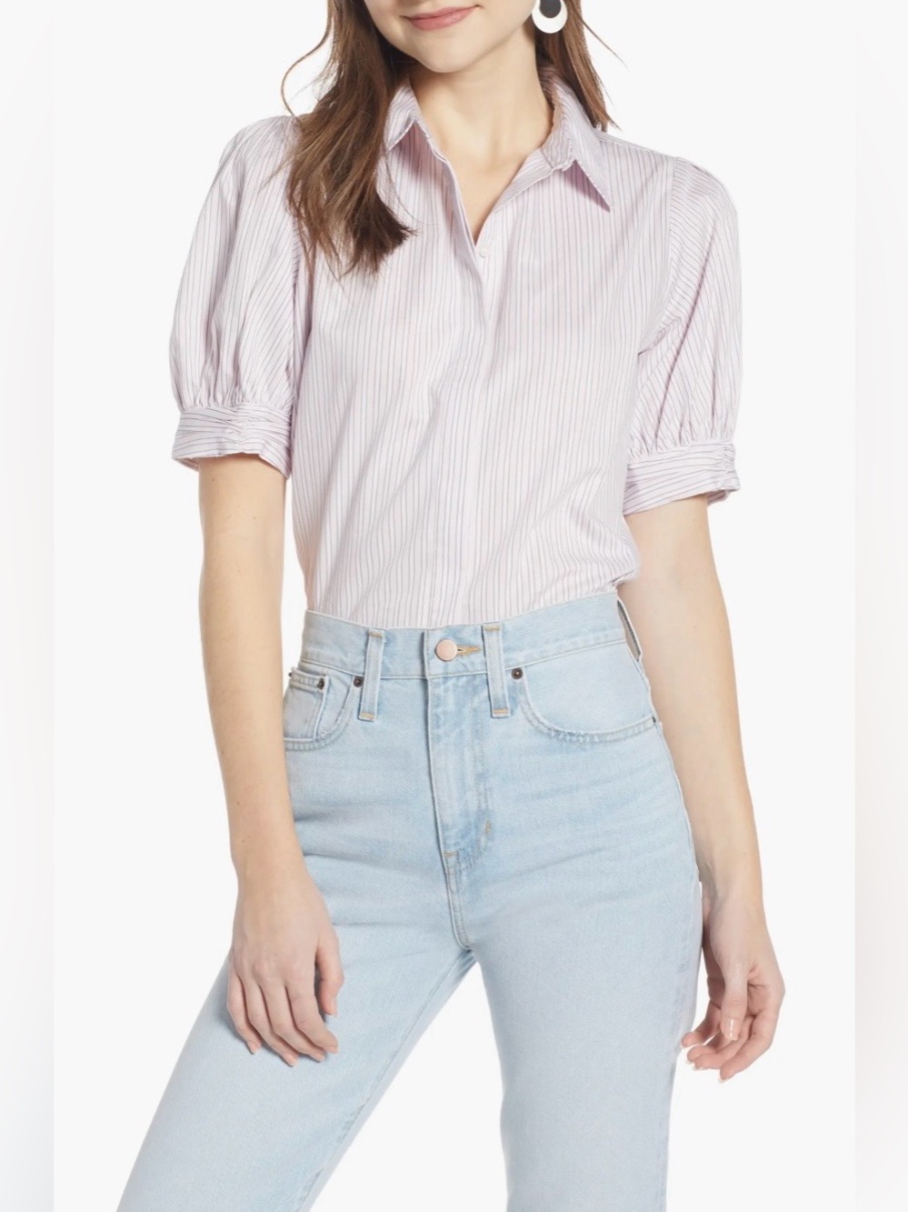 Something Navy Pink Pinstripe Puff Sleeve Short Sleeve Button Down Blouse Medium
